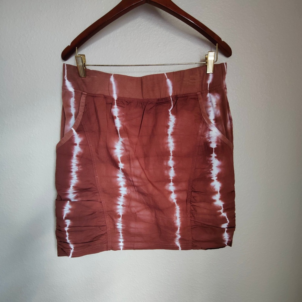 XCVI Wearables Trace Skirt Tie Dye Ruched Mini Brown White Boho Large NWT